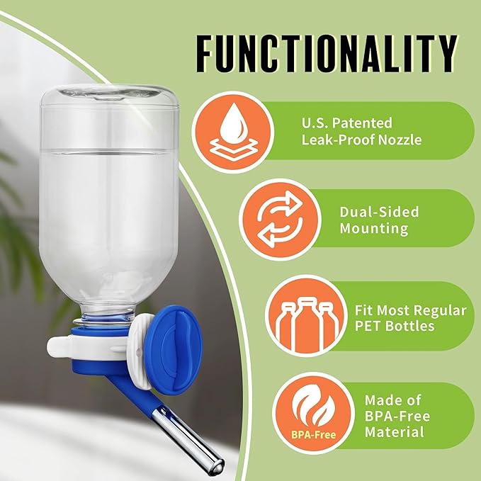 Choco Nose Patented No-Drip Water Bottle/Feeder for Guinea Pigs/Hamsters/Bunnies/Ferrets/Other Small Pets, Critters and Animals - for Cages, Crates or Wall Mount. 10.2oz. Nozzle 10mm, Blue 2pk(C128)