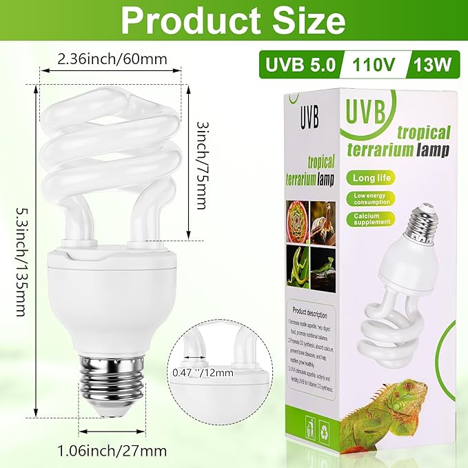 Reginary 4 Pcs UVB Reptile Light 5.0 13 W UVB Bulb for Desert Tropical & Sub-Tropical Reptiles Compact Fluorescent Lamp, Ideal for Chameleons, Lizards, Tortoises, Snakes, Iguanas & Turtles