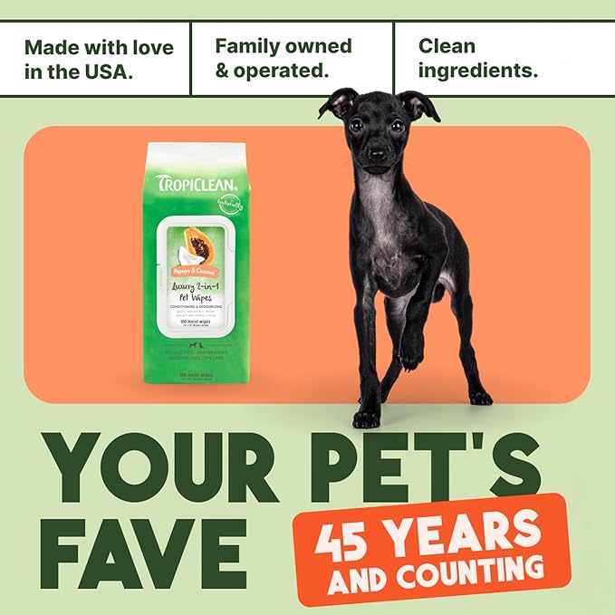TropiClean Papaya & Coconut Luxury 2-in-1 Pet Wipes, 100ct - Wipes for Dogs & Cats - Gently Removes Dirt, Dander & Smells - for Pet Paws, Face, Body & Bottom - Tropical Papaya & Coconut Scent