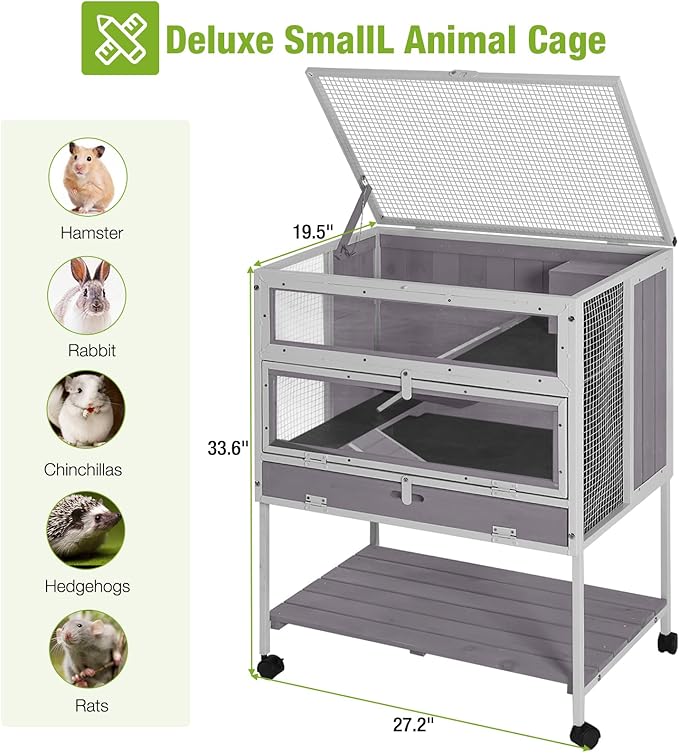 Large Wooden Guinea Pig Cage, Indoor Small Animal Habitat for Hamster, Rabbits, Chinchillas, Rats, Squirrels, Gerbils with Storage Shelf(Off White)