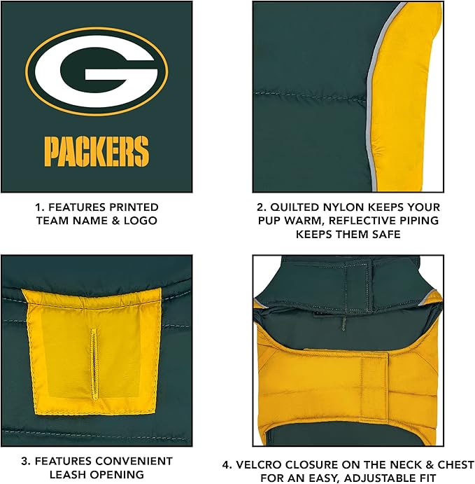 NFL Green Bay Packers Puffer Vest for Dogs & Cats, Size Small. Warm, Cozy, and Waterproof Dog Coat, for Small and Large Dogs/Cats. Best NFL Licensed PET Warming Sports Jacket