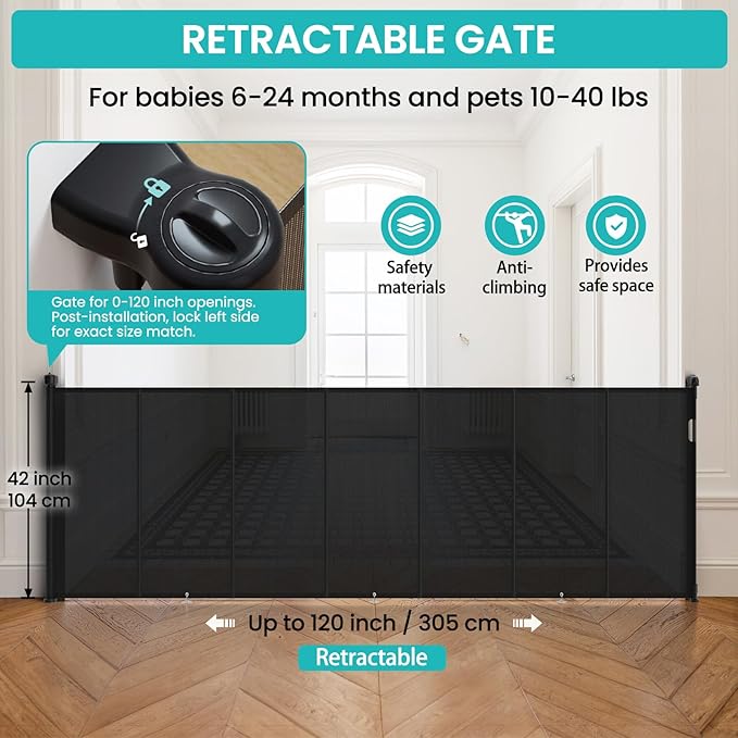 Upgrade Retractable Baby Gates Extra Wide (120" W x 42" H), 120 inch Reinforced Retractable Dog Gate to Prevent Crawling Through, Retractable Gate Outdoor/Indoor, Real One-Handed Operation, Black