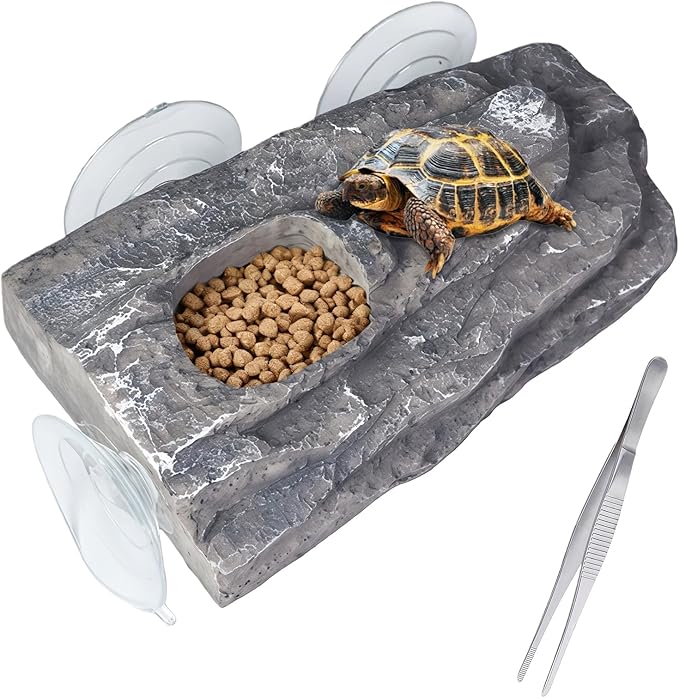 Turtle Floating Basking Platform with 3 Suction Cups & Water Bowl, Turtle Basking Platform with Feeding Tweezer for Frogs, Terrapins, Lizards(8.2×3.14×1.2 inch, Grey)