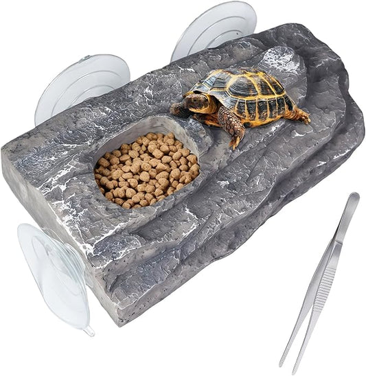 Turtle Floating Basking Platform with 3 Suction Cups & Water Bowl, Turtle Basking Platform with Feeding Tweezer for Frogs, Terrapins, Lizards(8.2×3.14×1.2 inch, Grey)