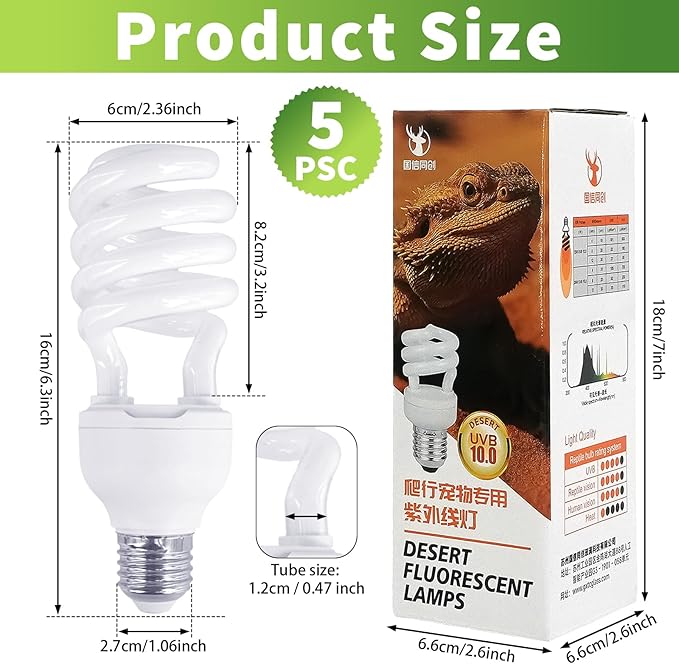 5 Pcs Uvb Reptile Light 10.0 26 W Compact Fluorescent Simulation Color Uvb Bulb for Turtle Bearded Dragon Lizard Gecko Desert Tropical Sub Tropical Reptiles