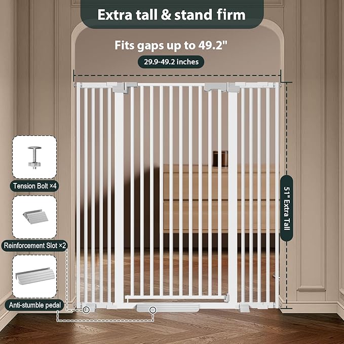 51'' Extra Tall Cat Gate for Doorways 30-49.2'' Wide, Climb Proof Pet Dog Gates for Kitten Dogs, Pressure Mounted No Drilling Cats Fence Barrier White