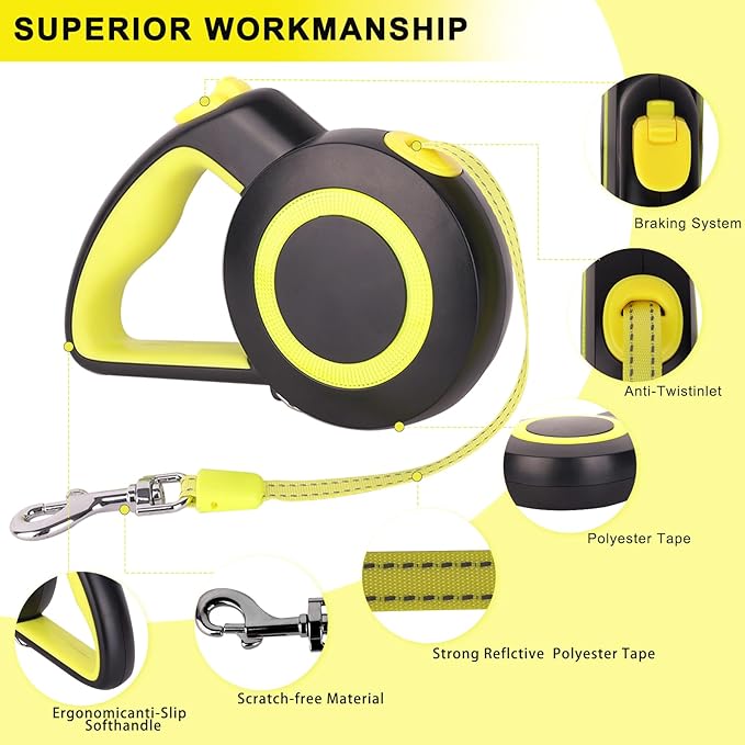 enrgticdg Retractable Dog Leash,Night Reflection,Light Weight Leash for Small to Medium Dogs/Cats,Stainless Steel Spring,Strong Nylon Tape, One-Handed Brake (Black-Yellow)