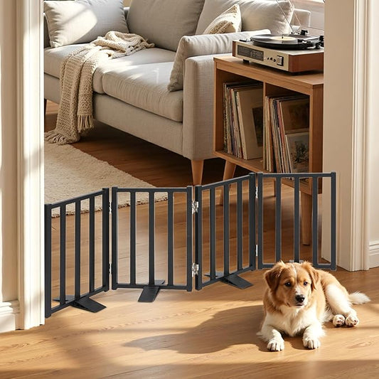 Snagle Paw Short Dog Gate,16.5" Tall Freestanding Metal Dog Gate Only for Small Dogs with Support Feet Easily Step Over,Up to 48" Wide Puppy Gate Indoor for Stairs,Doorways(Black,4 Panel)