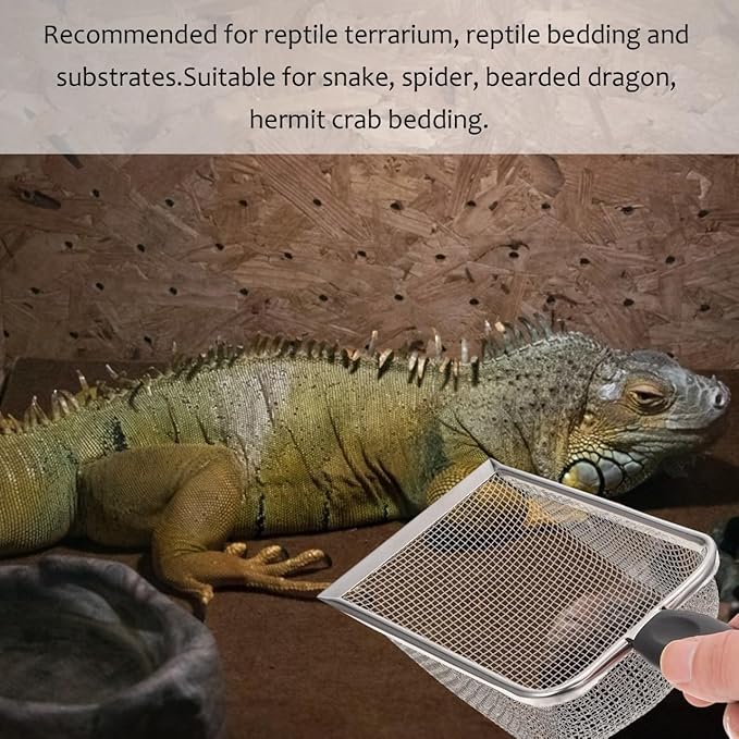 POPETPOP Stainless Steel Reptile Sand Shovel with Fine Mesh Sifter 10.62In Ergonomic Handle for Tortoise Lizard Snake Bedding and Terrarium Substrate Cleaning