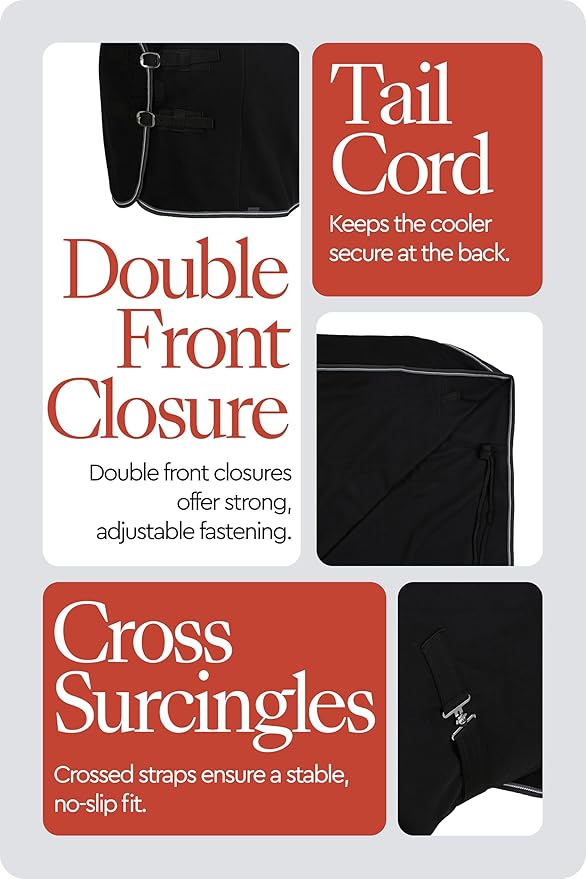 HORZE Kiel Fleece Horse Cooler Blanket | Quick-Dry Fleece Horse Cooler Sheet with X-Surcingles & Tail Cord - Black - 72 in