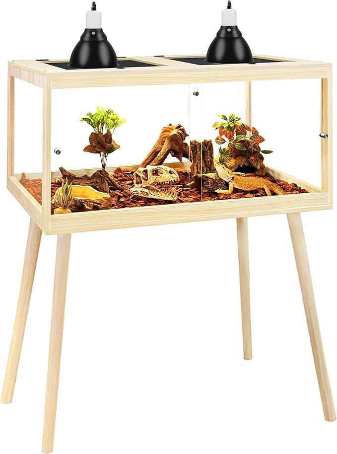 PROLEE Bearded Dragon Tank with Leg Stand 62 Gallons, Wooden Lizard Tank,Reptile Tank with Metal Mesh Roof Door, Acrylic Panel Snake Tank with Lock Design (Oak, 40"x20"x20")