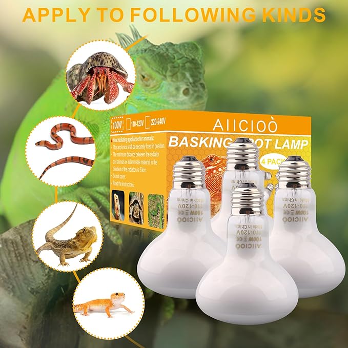Aiicioo Reptile Basking Light Bulb - 100W Reptile Heat Lamp Basking Bulb Incandescent Light Bulb for Bearded Dragon Turtle Hermit Crab Gecko Lizard Daylight 4 Pack