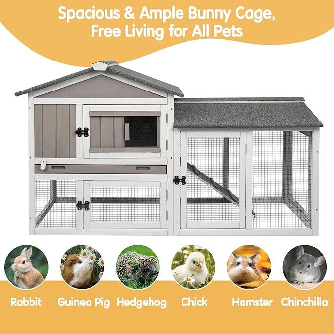 Gowoodhut Rabbit Hutch Indoor Outdoor 57 "L Bunny Hutch with Pull Out Tray,2 Story Wooden Rabbit Cage with Asphalt Roof,Guinea Pig Cage with Ventilation Doors,Ramp for Small Animals(Grey)