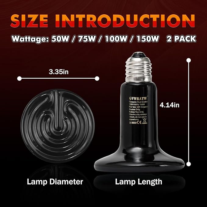 2 Pack Reptile Ceramic Lamp 0.28 inch(85mm)- No Light Reptile Heat Lamp for Bearded Dragons, Turtles, Snakes, Lizards - Ideal for Pet Brooders - Safe Heating for Amphibians & Small Animals