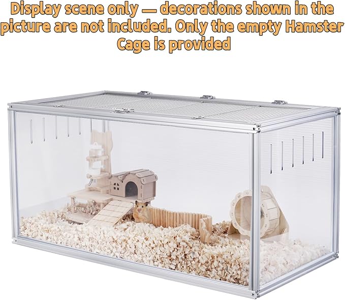 Large Hamster Cage, 32 x 16 x 16 in Chew-Proof Metal Frame, Clear Acrylic with Vent Holes, Hinged Top with Stainless-Steel Mesh — Hamster Enclosure