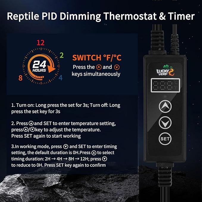 LUCKY HERP Reptile Light Fixture with Dimming Thermostat & Timer, Aluminum 8.5inch Dome Reptile Lamp Fixture, Heat Lamp Fixture for Reptile Bulb Basking Heat Bulb