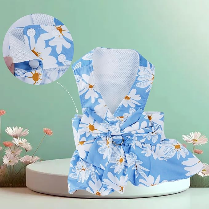 Dog Dress Bowknot Harness Leash Set for Small Girl Dogs Blue Daisy Floral Dog Cat Clothes Cute Puppy Outfits Pet Clothes Spring Summer Breathable Dresses(Medium)