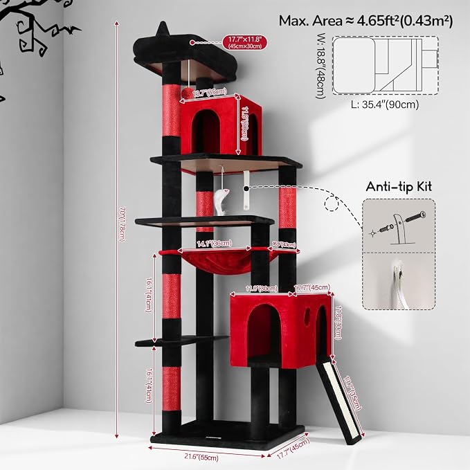Globlazer Gothic Heavy Duty Cat Tree, 70in Tall Sturdy Goth Cat Tree for Indoor Cats Extra Large Cat Tower with Scratching Post, Cat Condos for Adult Cats Kittens, Hammock, Perch, F70 Pro, Red Black - Image 6