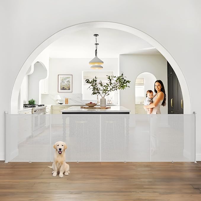 Upgrade Retractable Baby Gates Extra Wide(200" W x 42" H), 200 inch Reinforced Retractable Dog Gate to Prevent Crawling Through, Retractable Gate Outdoor/Indoor, Real One-Handed Operation, White