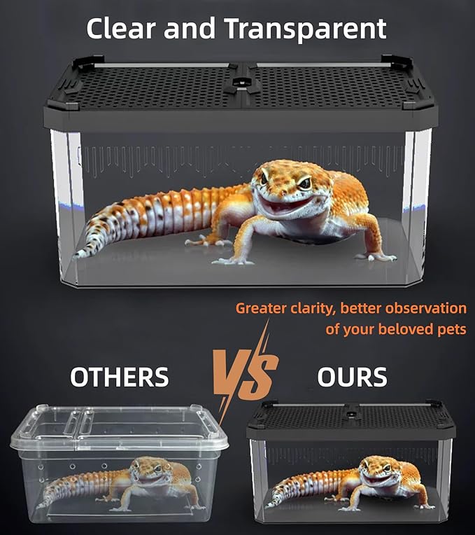 XIGETRAIL Transparent Portable Reptile Terrarium Habitat, Reptile Feeding Box for for Gecko, Tarantula, Scorpion, Spider, Hermit Crab,Frog (12" x 7.7" x 5.1" Black)