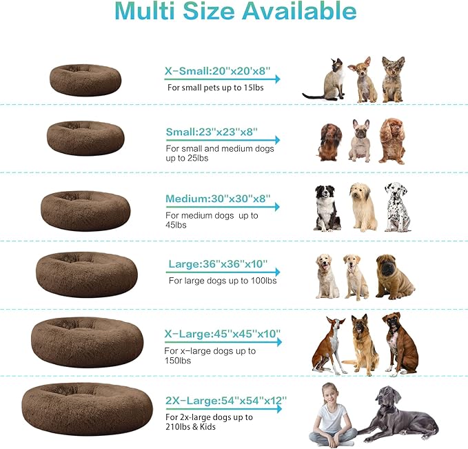 SAVFOX 45 inches Calming Donut Dog Bed - 3X Durable Plush Faux Fur, Machine Washable & Non-Slip, Fits up to 150 lbs, Brown