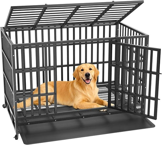 Hiwokk 48 Inch Heavy Duty Dog Crate, Indestructible Escape-Proof Dog Kennel for High Anxiety Large Dogs, Strong Metal Pet Cage with Double Doors, Lockable Wheels & Removable Tray, XL XXL XXXL