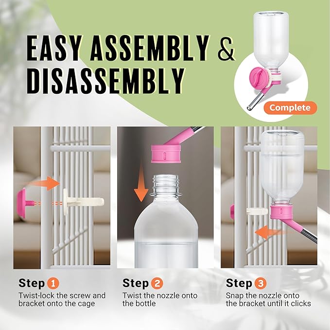 Choco Nose Patented No-Drip Water Bottle/Feeder for Guinea Pigs/Hamsters/Bunnies/Ferrets/Other Small Pets, Critters and Animals - for Cages, Crates or Wall Mount. 10.2oz. Nozzle 10mm, Pink 2pk(C128)