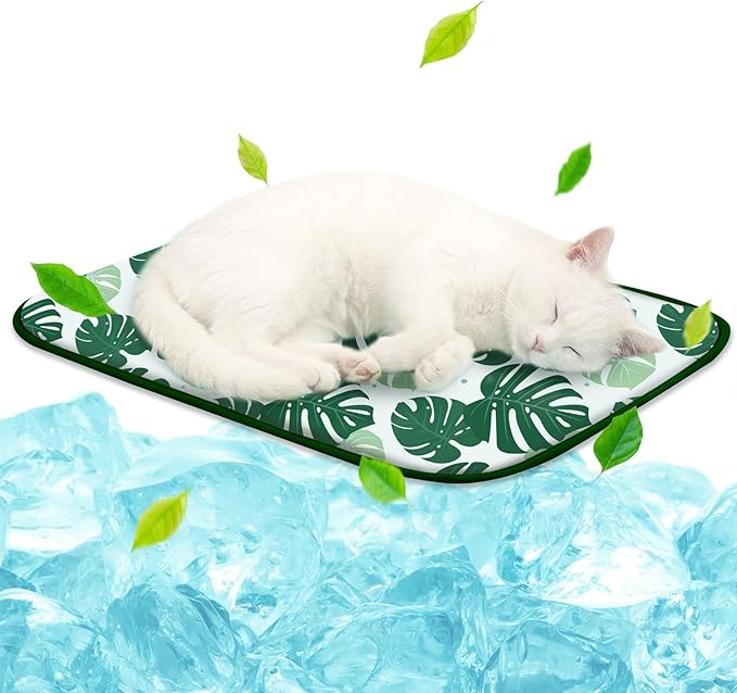 NWK Pack of 4 Pet Cooling Mat -Q-Max>0.345 Ice Silk Cooling Mat for Dogs & Cats Portable & Washable Pet Cooling Blanket, Car Seats, Beds for Summer (4pcs, Green Leaf, 20'' X 16'' X 0.3'')