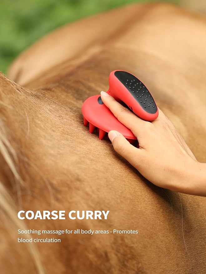 Harrison Howard Horse Grooming Kit, 9-Piece Complete Grooming Tools Set with Non-Slip Silicone Grip for Daily Horse Care, Bathing & Shedding Red