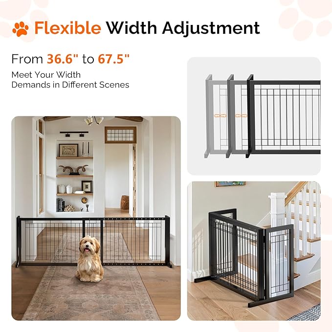 Bonnlo Free Standing Dog Gate, 37" - 68" Wide Pet Gate for Fireplace Stairs Doorways, Metal Adjustable Pet Fence Indoor, Christmas Tree Gate (Metal-Black)