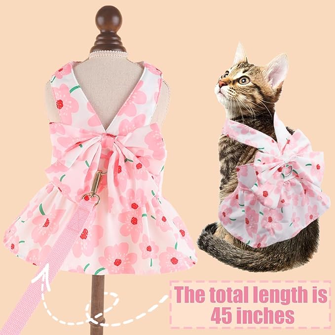 Dog Dress Bowknot Harness Leash Set for Small Girl Dogs Pink Floral Dog Cat Clothes Cute Puppy Outfits Pet Clothes Spring Summer Breathable Dresses(X-Samll)