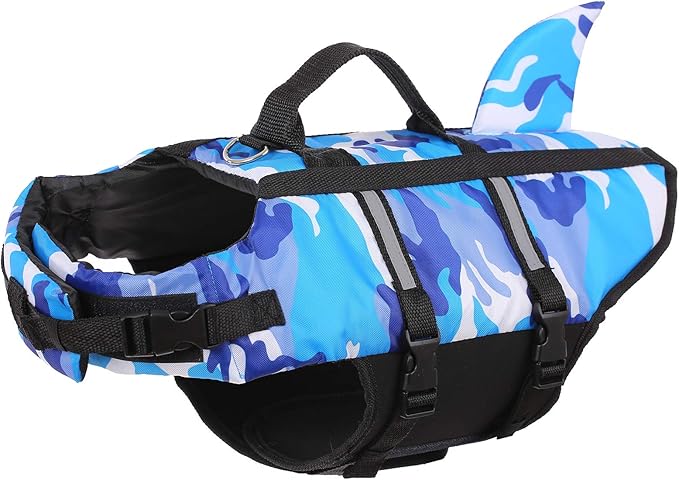 Queenmore Dog Life Jacket Pet Safety Vest High Buoyancy Camouflage Color Cute Shark with Strong Rescue Handle and Leash Ring for Boating, Canoeing, Surfing, Hunting, Blue M