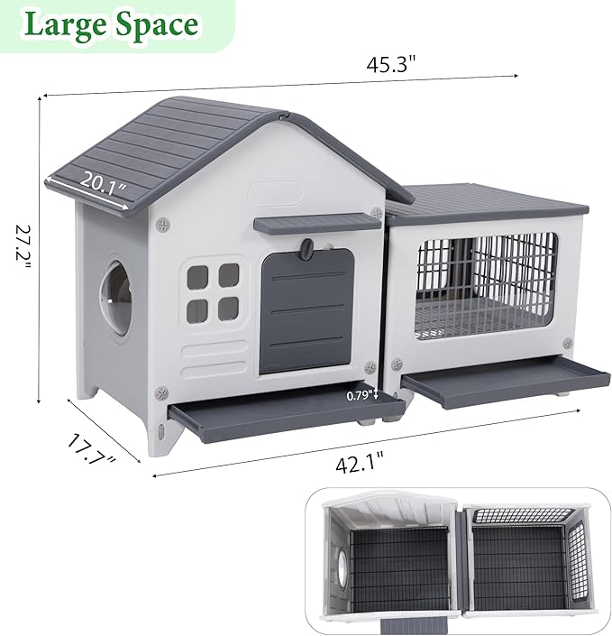 Rabbit Hutch Outdoor Indoor Plastic Waterproof Bunny Cage Enclosure Chew-Proof Rabbit House Guinea Pig Cage Pet House for Small Animals,Two Room