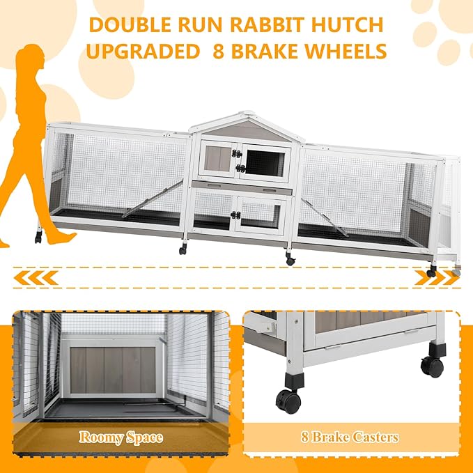 Gowoodhut 2 Story Rabbit Hutch Indoor & Outdoor Wooden Rabbit Cage 93" Bunny Cage with Dual Metal Run,8 Wheels,4 Leak-Proof Trays,Anti Chew Ramp,Small Pet House for 1-3 Rabbits,Guinea Pigs Hamster