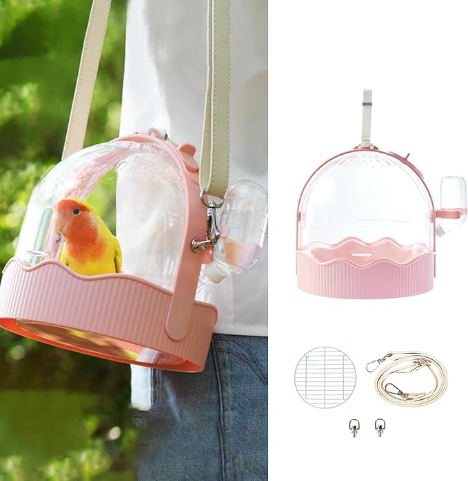 MANON ROSA Bird Carrier Cage with Water Bottle, Portable Travel Carry Case for Small Pets: Lovebird, Budgie, Parakeet, Cockatiel, Conures (Pink)