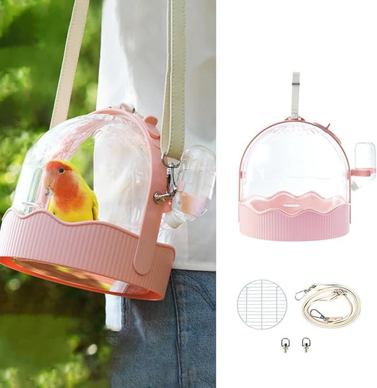 MANON ROSA Bird Carrier Cage with Water Bottle, Portable Travel Carry Case for Small Pets: Lovebird, Budgie, Parakeet, Cockatiel, Conures (Pink)