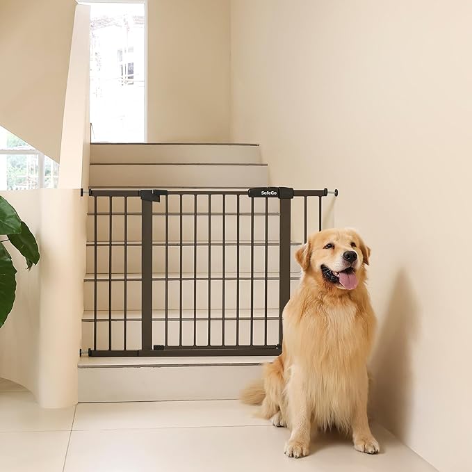 44.72"-46.89" Baby and Pet Safety Gate, 30" Tall Metal Walk-Thru Gate for Doorways & Stairs, Easy One-Hand Open, Dual Lock, Extensions & Wall Mounts Included (Brown, 29"-46" W x 30.5“H)