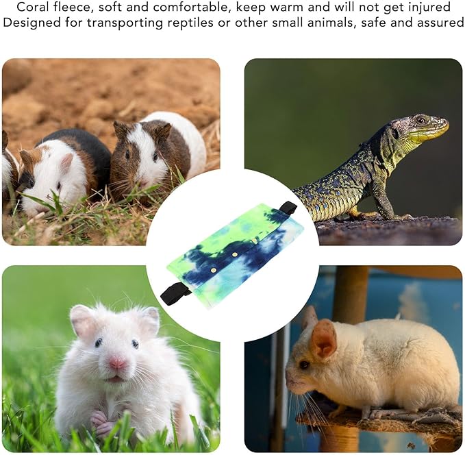 Reptile Sling Carrier, Soft Warm Bearded Dragon Lizard Pouch with Adjustable Strap, Blue Green, for Leopard Gecko Hamster Small Animals