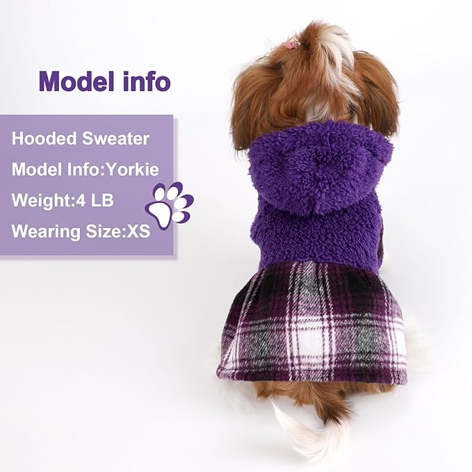 DaFuEn Dog Sweater,Dog Dress, Dog Sweaters Dresses for Small Dogs,Cute Warm Fleece Hooded Sweater for Small Dogs, Plaid Puppy Dresses Clothes Chihuahua Yorkie Cat Apparel （Purple,XXS