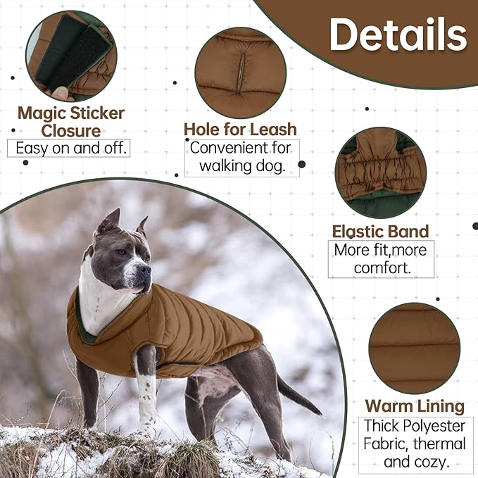 Lelepet Reversible Dog Coat Waterproof Dog Jacket Windproof Puffer Vest for Winter Warm Lightweight Coats for Large Dogs Adjustbale Hook & Loop Pet Apparel with Leash Hole, Pitbull, Brown, XL
