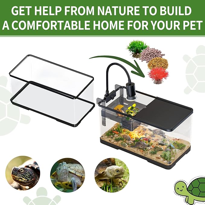 (Tank + Light + Filter + Filter Balls) Turtle Tank Kit, Turtle Tank Starter Kit,Bottom Drainage, Multi-Function Areas for Turtles, Crabs,Fishes, Amphibians,Reptiles. (21.65 x 12.28 x 12.28 Inch) New