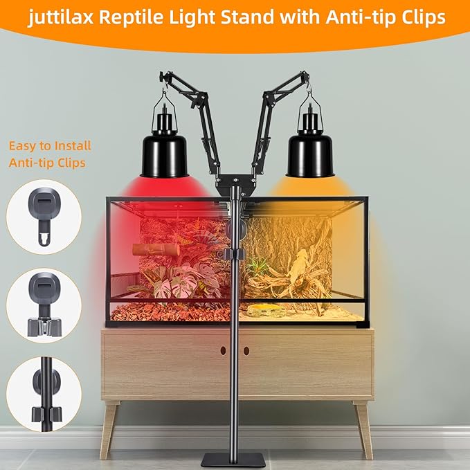 Dual Reptile Heat Lamp Stand, Adjustable Reptile Light Stand (15.7-74.3inch) with 360° Swing Arm and Anti-tip Clip, Lamp Holder for Terrarium, Amphibians Cage and Plants