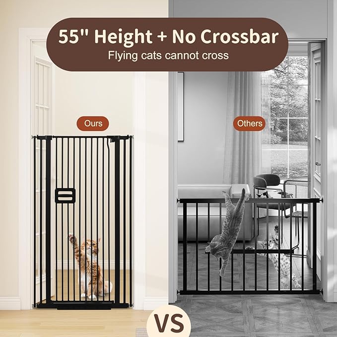 SMONTER 55" High Extra Tall Baby Gate, Safety Cat Gate for Doorways, Expands to 30.1"-34.1" Wide, Auto Close Dog Gate, No Drilling Pressure Mounted Cat Fence, Pet Gate Indoor for Stairs, Black