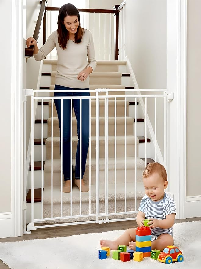 Baby Gate for Stairs Doorways & Kitchen, Extra Wide 32"-54" W x39 H Extra Tall, No Bottom Bar Dog Gate, One-Handed Auto-Close, Hardware Mount Safety Gate for Dogs & Toddlers, White