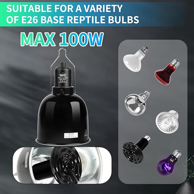 LUCKY HERP Reptile Light Fixture with Dimming Thermostat & Timer, Aluminum 5.5inch Deep Dome Reptile Lamp Fixture, Heat Lamp Fixture for Reptile Bulb Basking Heat Bulb, Max 100W