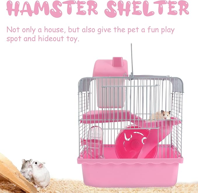 Hamster Cage Portable Double Layer Wire Habitat Small Critter House Cage Pet Playpen Activity Exercise Centre for Rodent Gerbil Mouse Rat Accessories Pink