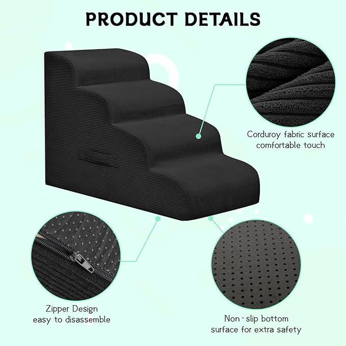 Mesa Lemon Dog Steps for Small Dogs, 4-Step Pet Ramp Stairs for High Beds and Sofa, Non-Slip Pet Stairs for Small Dogs and Cats, Removable and Easy to Clean Cover, Black