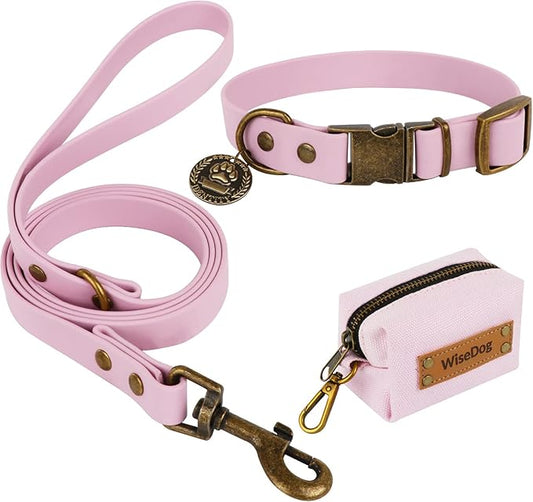 Wisedog Waterproof Dog Collar and Leash Set, Adjustable Puppy Collar with Cute Tag 4FT Dog Leash with Poop Bag for Small Medium Large Dogs (S, Pale Pinkish Purple)