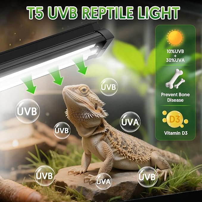 QZQ T5 UVB Reptile Light Fixture Combo Kit 24W, 10.0 UVB Light for Reptiles, Terrarium Hood Comes with Desert Reptile Lamp for Bearded Dragon, Gecko, Tortoise, Lizard