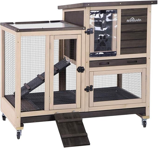 Aivituvin Upgrade Rabbit Cage Indoor Bunny Hutch with Run with Two Deeper No Leak Trays - 4 Casters Include for Outdoor (Coffee)